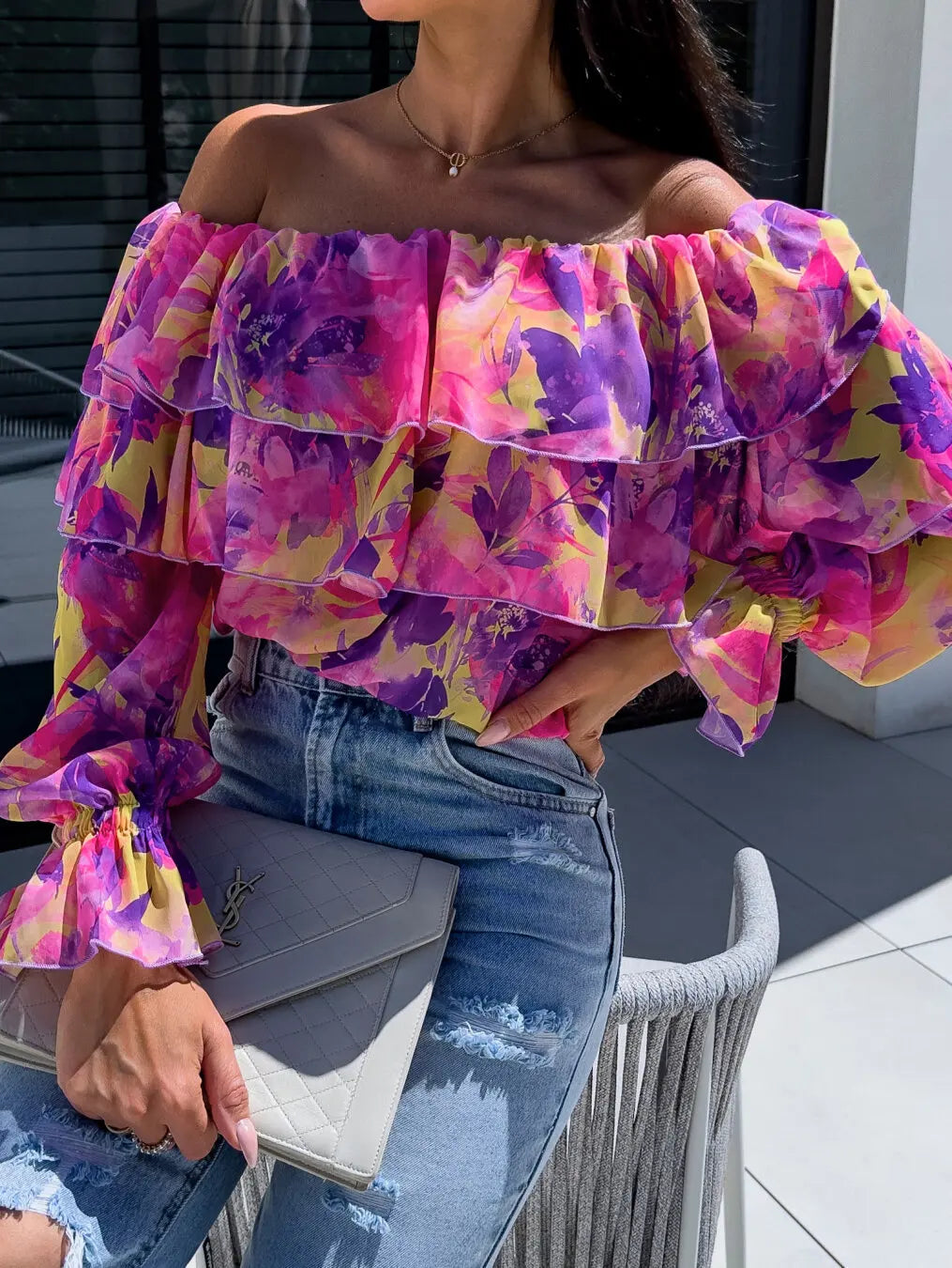 Women's Off Shoulder Floral Print Blouse with Tiered Ruffles and Long Bell Sleeves for Summer Party Wear